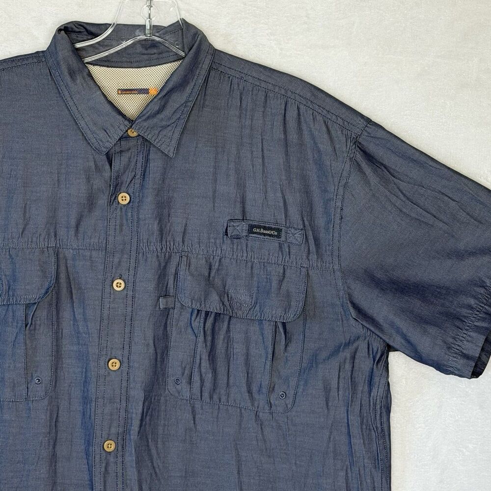 G H Bass Men XL Short Sleeve Button Up Shirt Blue Vented Fishing Camping Outdoor